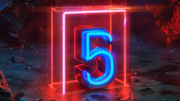 写真 数字6は赤外線で輝く正方形の箱の中にネオン赤と青の色とデジタルシンボルで3dでレンダリングされています