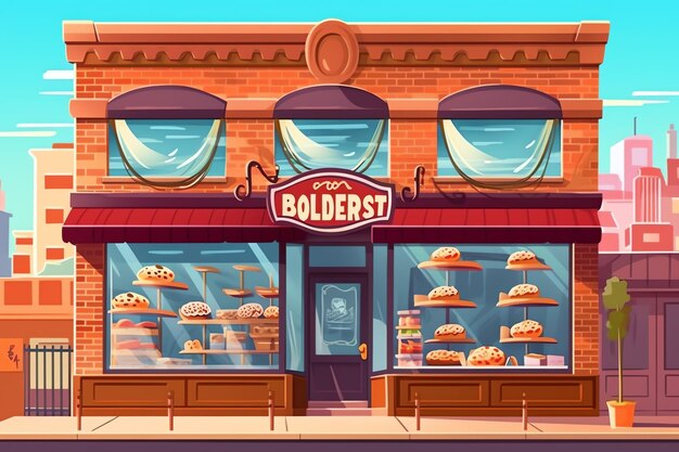 写真 漫画風の看板が付いたパン屋の建物やレストランの通りの風景の外側