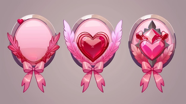写真 the perfect pink ui element for any game avatar an empty circle frame with ribbon heart red gems and feathers should be placed on a background
