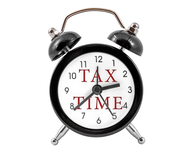 時計の文字盤の税時間フレーズ分離された白のビジネスと税の概念