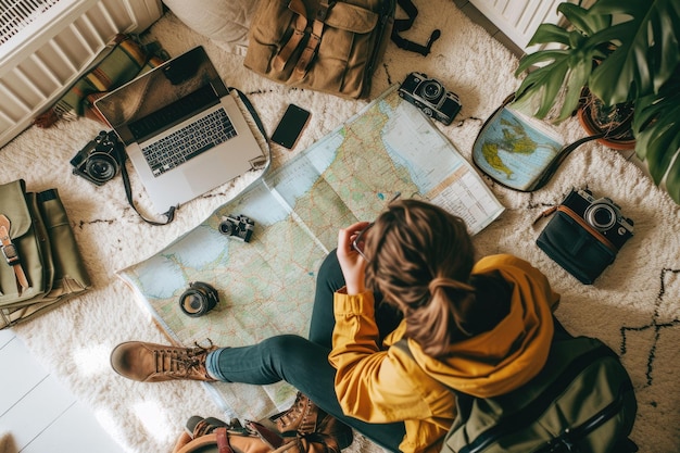 写真 カウカシア人女性が世界地図を見ている写真