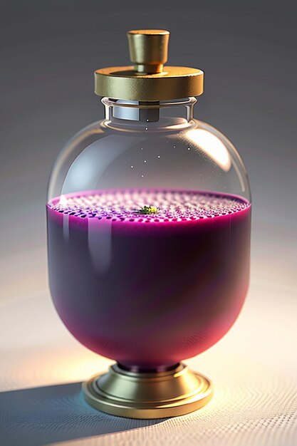 写真 ガラス瓶の中のピンクパープルの液体は光に透かすと透き通って美しいです