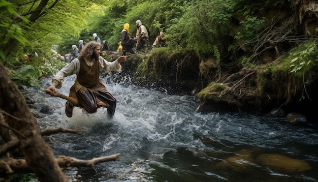 写真 シズダ・ベダール (sizdah bedar) の際に小川や小川を飛び越える遊びの伝統