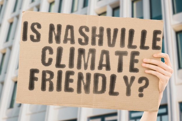 写真 ナッシュビルは気候にやさしいのかという質問は、背景がぼやけた男性の手のバナーにありますサポートチーム活動家アーバンサンセットカーボンエコロジーエネルギー