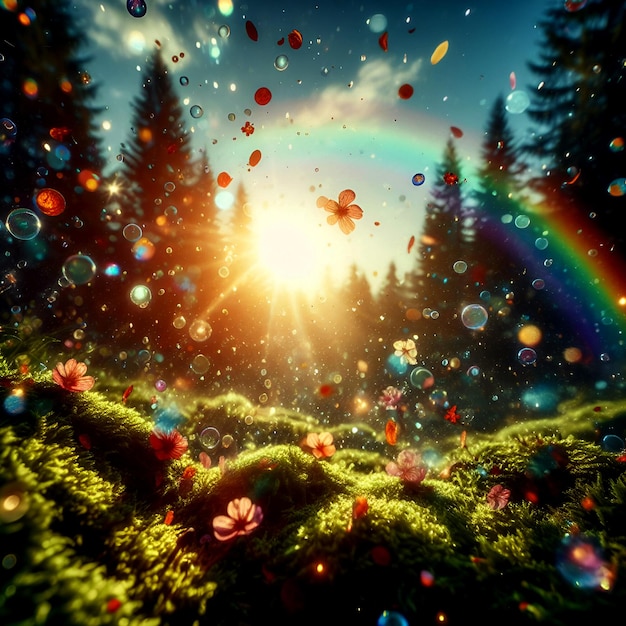 Фото Радужный блеск придает сцене волшебный оттенок яркие цвета цветов и конфетов