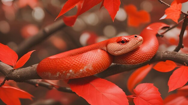 写真 赤いヘビは木の幹にいます