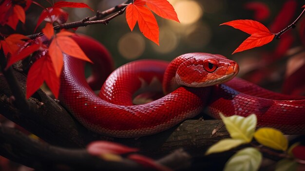 写真 赤いヘビは木の幹にいます