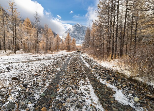 写真 オフロード車が運転している山の道は岩だらけです