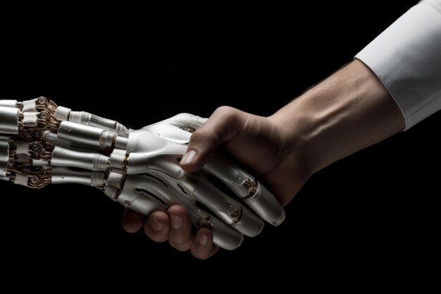 Фото Робот трясет руку человеку сотрудничество людей и машин