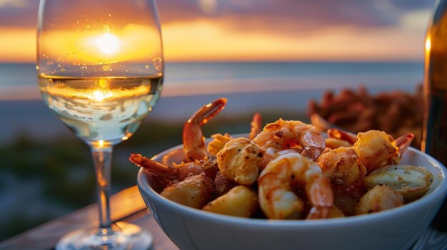 Фото Удовлетворительный хруст жареных моллюсков креветок и трески идеально сочетается с хрустящим охлажденным стаканом
