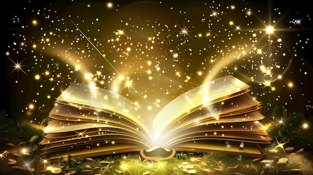 写真 その場面はそのページから輝く光が現れる魔法の本を示しています