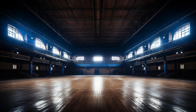 写真 静かな孤独 壮大なバスケットボールコートが 暗の中に照らされた
