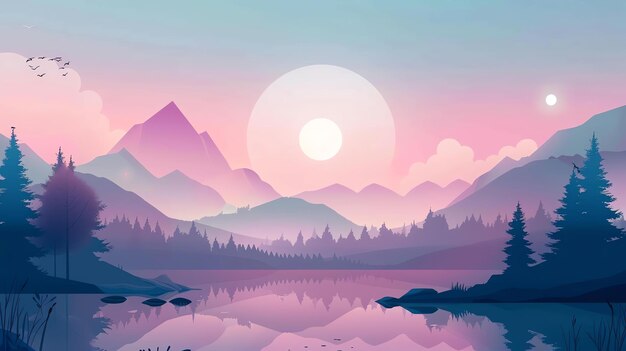 Фото Заходящее солнце бросает розовое и фиолетовое свечение на озеро, деревья и горы. небо темно-синее, а солнце ярко-желтое.