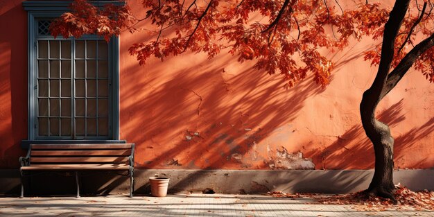 写真 赤いオレンジ色のレンガの壁の葉の影 家の歩道 外の通り