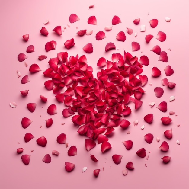 Фото Форма сердца, созданная в разбросанных розово-красных лепестках розы.