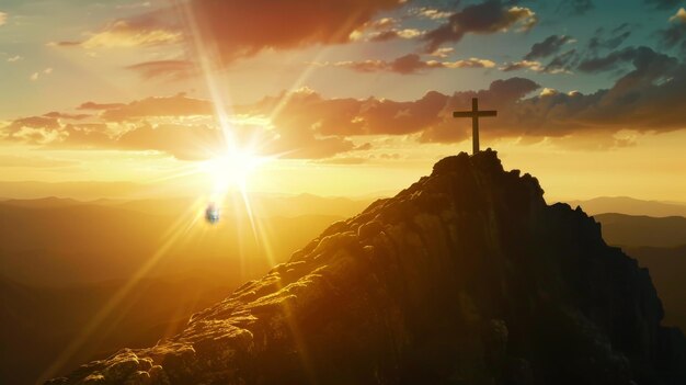 Фото Силуэт креста на вершине горы во время захода солнца
