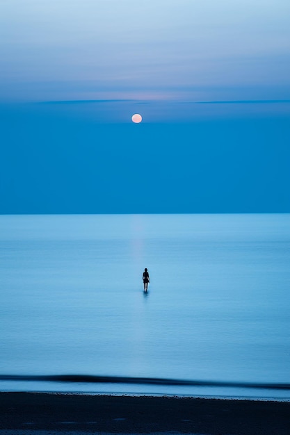 사진 어두워지면서 바다의 가장자리에 서있는 외로운 인물의 실루, 황혼의 파란색 음색.