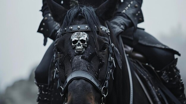 Фото Силуэт всадника на лошади их черное кожаные пальто украшенное серебряным черепом