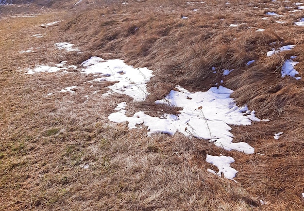 写真 雪が溶けている冬の終わりの天気のコンセプト