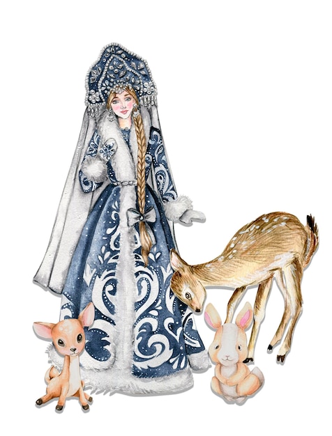Фото Снегурочка в новогоднем платье с зверюшками