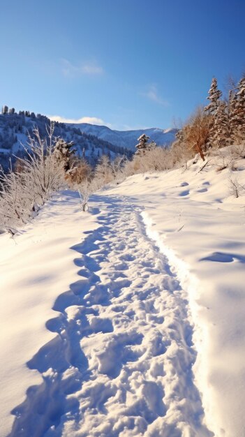 写真 雪に覆われた小道 冬の山々