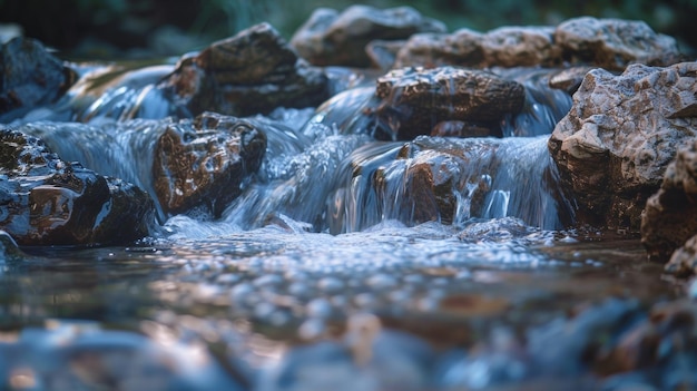 Фото Мягкий громкий звук воды, протекающей по скалистому ручью ручья, усыпает вас в глубоком и мирном