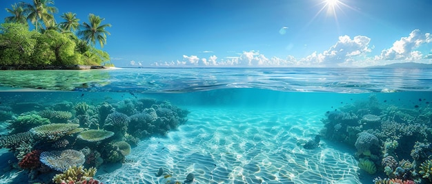 写真 熱帯 の 島 と 珊瑚 礁 の 水線 と の 分裂 し た 景色