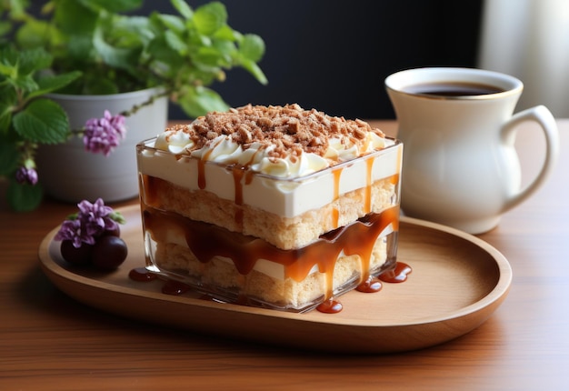 The_square_cup_of_banoffee_pie_on_wooden_board