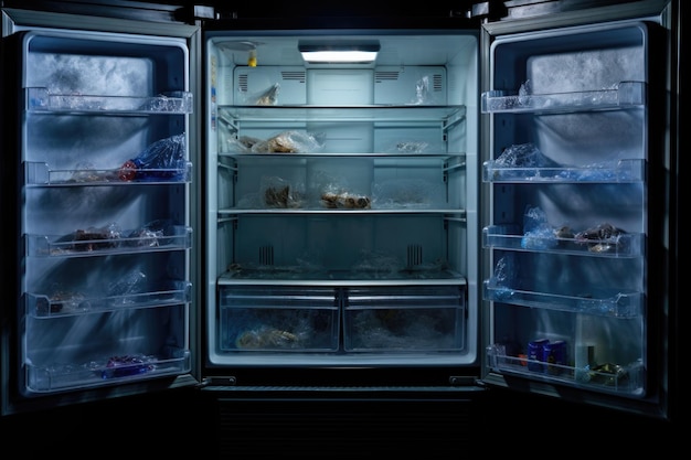 写真 青いバックライトが付いた家庭用冷蔵庫の真っ白な空っぽ