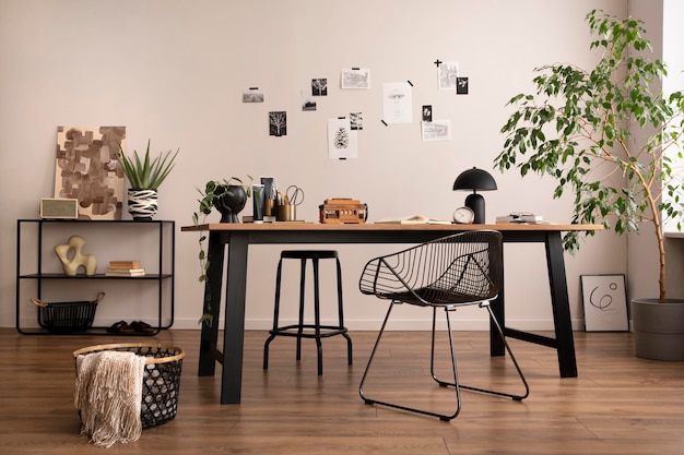 금속 의자 나무 테이블 식물 포스터 및 개인 액세서리가 있는 아늑한 사무실 인테리어의 세련된 구성 홈 장식 템플릿
