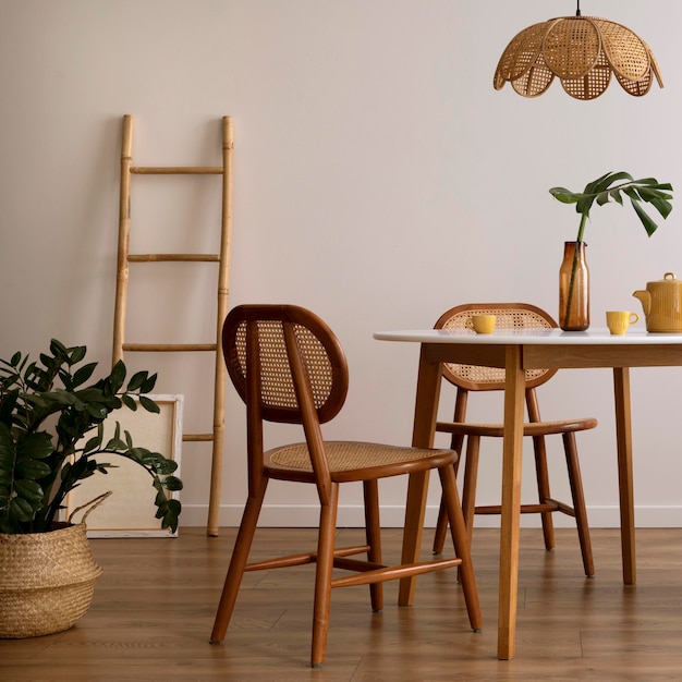 Фото Стильная столовая с круглым столом, ратанным стулом, деревянным комодом, плакатом и кухней.