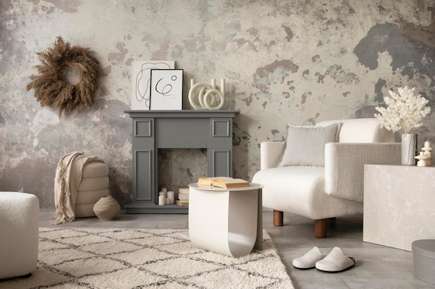 회색 벽난로 흰색 안락의자 콘크리트 벽과 말린 꽃이 있는 세련된 거실 인테리어 베이지색 카펫이 있는 회색 바닥 홈 장식 템플릿