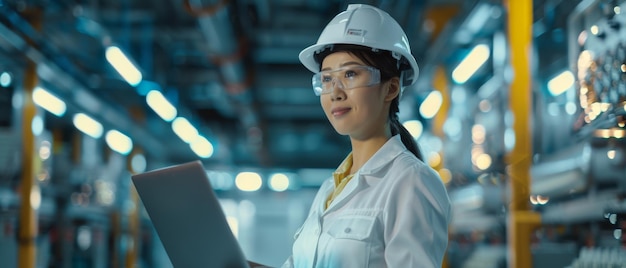 사진 성공한 직원은 백색 하드을 입은 전자 제조 공장에서 컴퓨터 화면에 초점을 맞추고 있습니다.이 이미지는 색 하드 을 착용한 미소 짓고 행복한 아시아 여성 엔지니어를 묘사합니다.