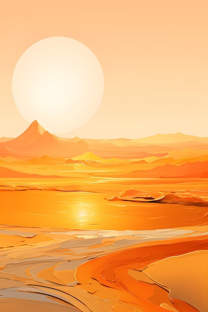 写真 太陽が砂漠の風景に沈んでいく大草原の油彩画