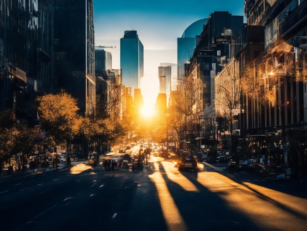 写真 日没時に太陽が街のスカイラインの上に沈む