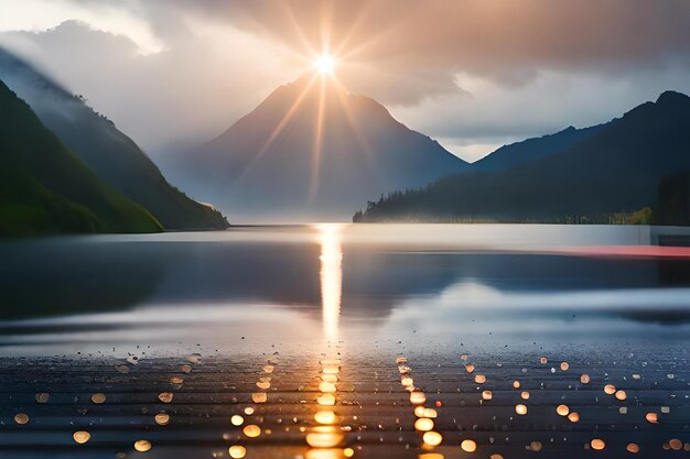 写真 太陽は湖の上に沈み湖と山が背景にあります