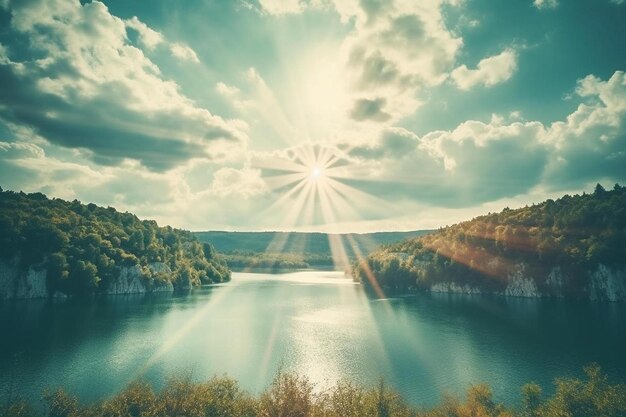 写真 太陽が雲を通って湖の上を照らす