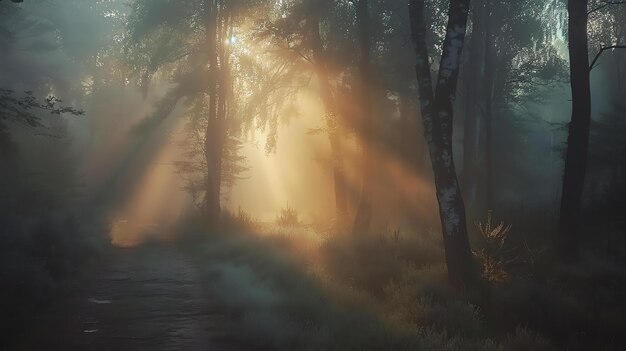 写真 霧の森の木々の中に太陽が輝いています 森は高い木々と様々な灌木や植物で満ちています