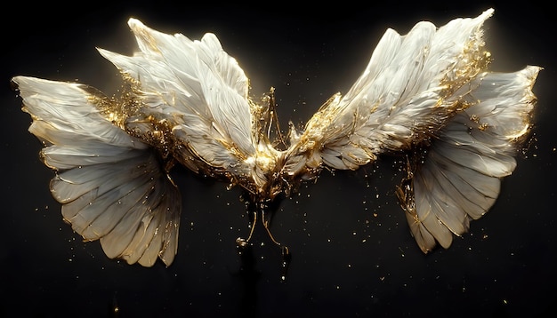 사진 흰색 깃털을 가진 백조의 날개는 금색 3d 삽화로 장식되어 있습니다