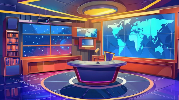 Фото Телевизионная новостная студия имеет круглый стол и синий экран вместе с картой мира современная иллюстрация интерьера телевизионной новостной комнаты с столом ведущего
