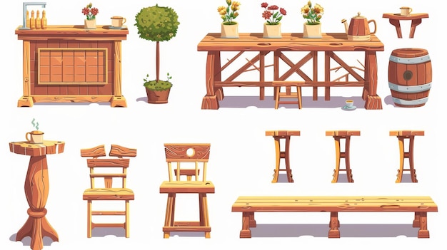 Фото На террасе ресторана или кафе есть деревянный барный стол, где сидят цветы и растения. современный мультфильмный комплект внутренней мебели, стуль, скамейка, стол, чайник и чашка изолированы на белом.