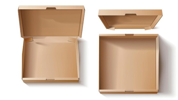 사진 갈색 공예 카드보드 피자 상자 3d 현실적인 현대 일러스트레이션의 면은 패스트푸드 배달을 위해 빈 카드 박스를 열고 닫습니다.