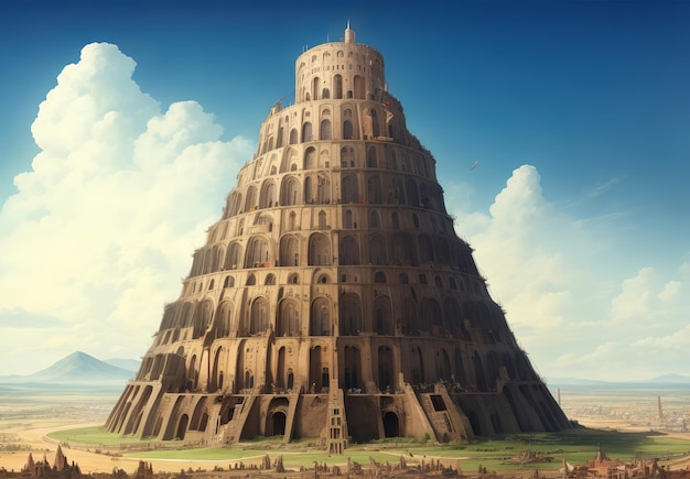 Вавилонская башня с множеством людей | Премиум Фото