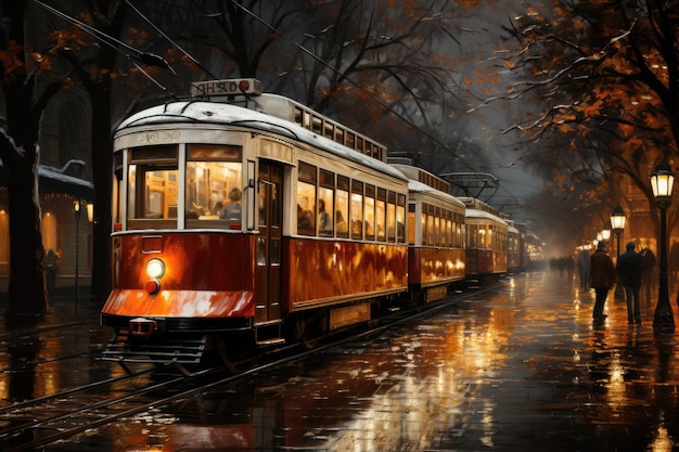Фото Трамвай едет по осенней улице старого города атмосферная осенняя иллюстрация с трамваем, сгенерированным ai