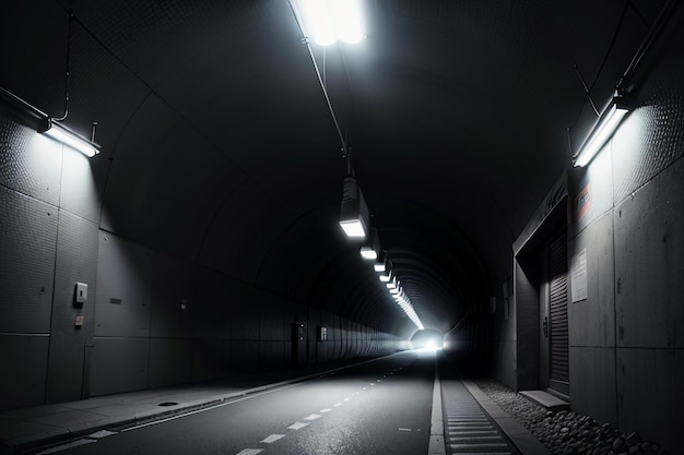 写真 長くて遠いトンネルの地下通路とライトの白黒スタイルの撮影シーン