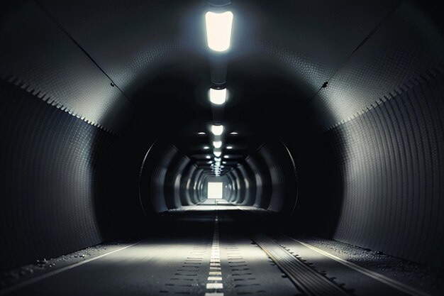 Фото Подземный проход туннеля длинный и далекий с огнями черно-белой сцены стрельбы