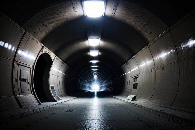 写真 長くて遠いトンネルの地下通路とライトの白黒スタイルの撮影シーン