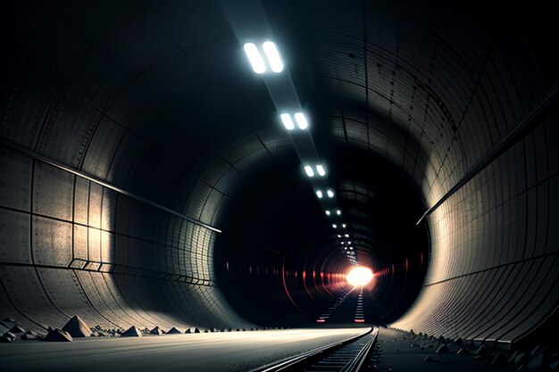 写真 長くて遠いトンネルの地下通路とライトの白黒スタイルの撮影シーン