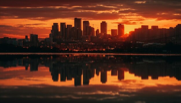 Фото Яркий городской горизонт светится в разноцветном закате, созданном искусственным интеллектом.
