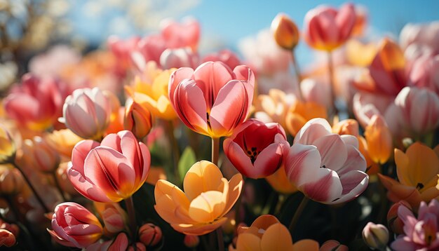 写真 活気のあるチューリップの花は aiによって生成された春の草原に美しさをもたらします